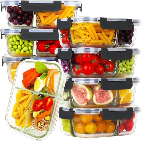 HOMBERKING 8 Pack Glass Meal Prep Containers 3 Compartment, 36oz Glass Food Storage Containers with Lids, Airtight Glass Lunch Bento Boxes, BPA-Free & Leak Proof (8 lids & 8 Containers) - Black
