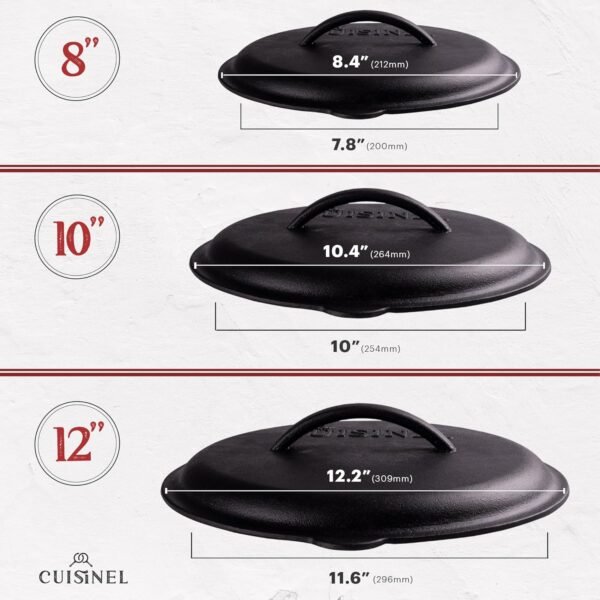 Cuisinel 12" + 10" + 8"-Inch Cast Iron Skillets Set with Braiser Lids + Silicone Handle Grips + Pan Scraper - Indoor/Outdoor Pre-Seasoned Kitchen Cookware - Oven, Fire, Stove Safe - Image 3