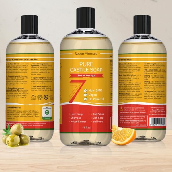 Pure Castile Soap, Sweet Orange - No Palm Oil, GMO-Free - Gentle Liquid Soap For Sensitive Skin & Baby Wash - All Natural Vegan Formula with Organic Carrier Oils - Image 3