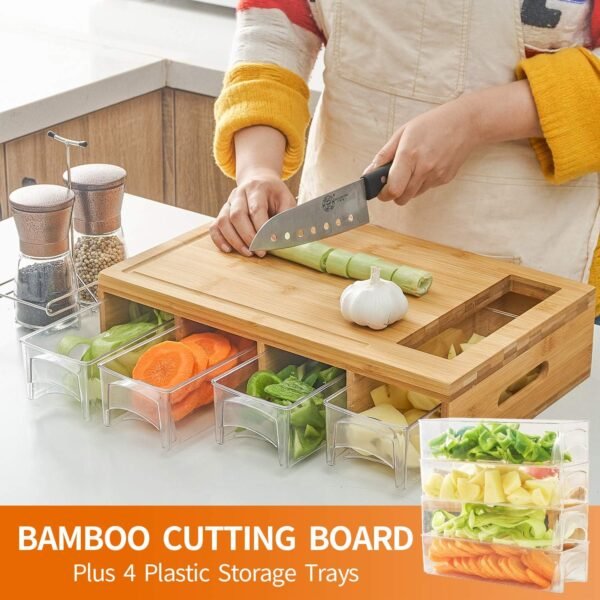 Bamboo Cutting Board with 4 Containers, Large Chopping Board with Juice Grooves, Easy-grip Handles & Food Sliding Opening, Carving Board with Trays for Food Storage, Transport and Cleanup - Image 8