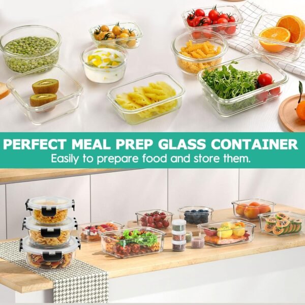 34pcs Glass Food Storage Containers with Lids Set, Airtight Glass Meal Prep Containers (17 Containers & 17 Lids), Leak Proof Lunch Containers BPA-Free, Microwave, Oven, Freezer, Dishwasher Safe-Black - Image 6