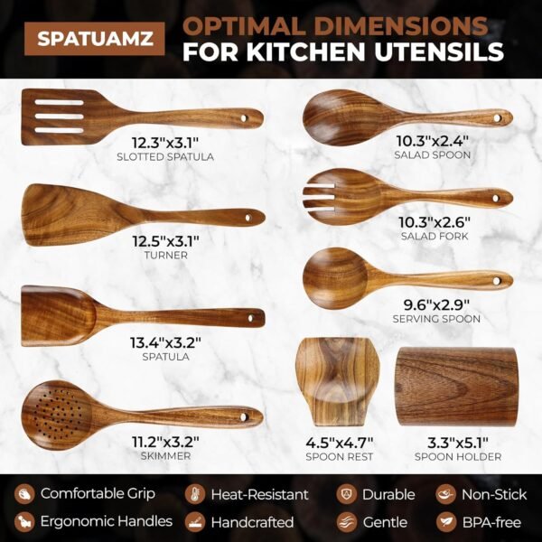 Teak Wood Cooking Utensils Set, 9Pcs Durable Wooden Utensils for Cooking, BPA-Free Premium Wooden Spoons for Cooking with Holder & Spoon Rest - Image 3