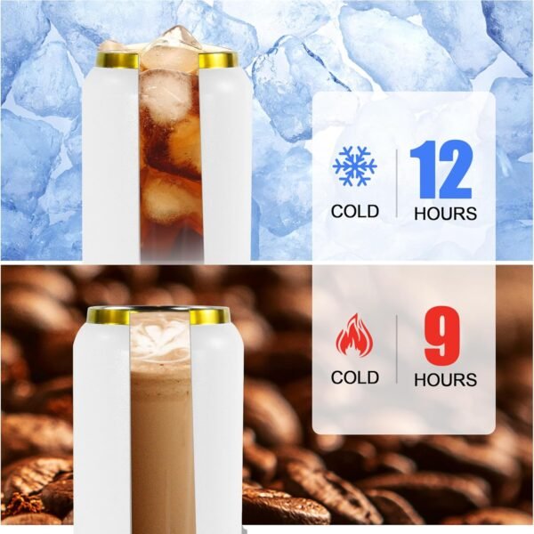 AGH 16oz Stainless Steel Can Tumbler with Lids and Straws,Double wall Golden Electroplate Drinking Can Cups,Reusable Water Tumbler with Straws For Ice Coffe Juice,Smoothie Cup,White,4Pack - Image 3