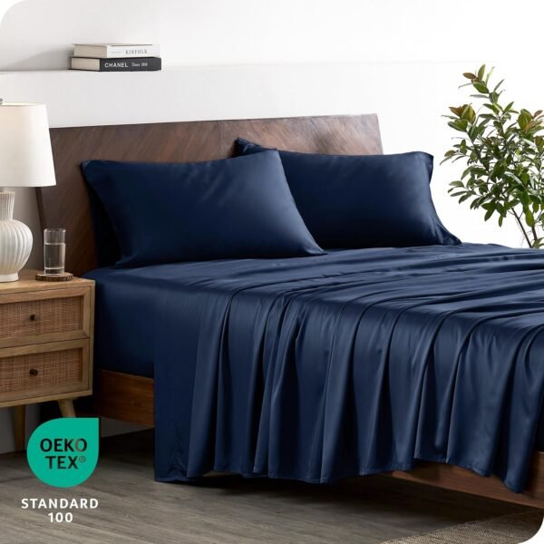 Bare Home 100% Rayon Made from Bamboo Luxury Queen Sheet Set - 4 Piece Bedding Set - Deep Pockets - Cooling Sheets - Breathable - Easy Fit - Soft Bedding Sheets & Pillowcases (Queen, Dark Blue) - Image 3
