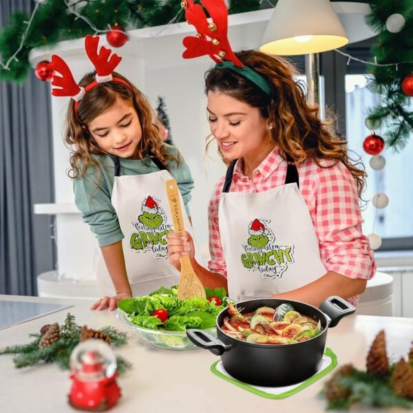 8-Piece Bamboo Christmas Kitchen Utensil Set - Green Monster Design Cooking Spoons, Apron, Oven Mitt & Pot Holder - Christmas Gift for Women, Wife, Mom, and Grandma - Image 7