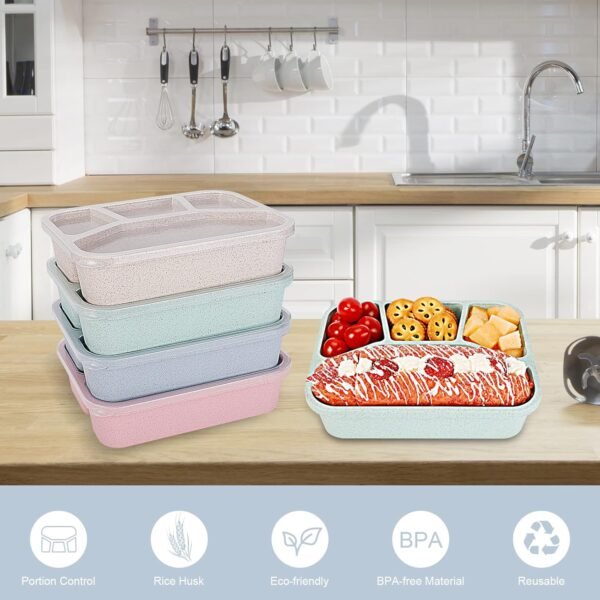 4 PCS Bento Lunch Box,4 Compartment Meal Prep Lunch Containers,Leak Proof Bento Box Adult Lunch Box,BPA Free Plastic Reusable Food Storage Container with lid,Microwave/Freezer/Dishwasher Safe - Image 3