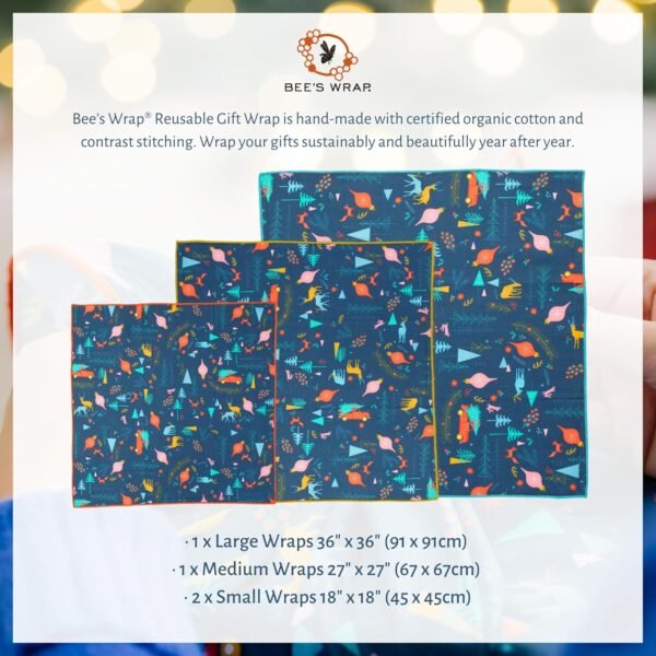 Bee's Wrap Reusable Organic Cotton Fabric Wrapping Paper, Made in the USA, Eco Friendly Furoshiki Gift Wrap, Set of 4 Fabric Wraps, Winter Wonderland - Image 2