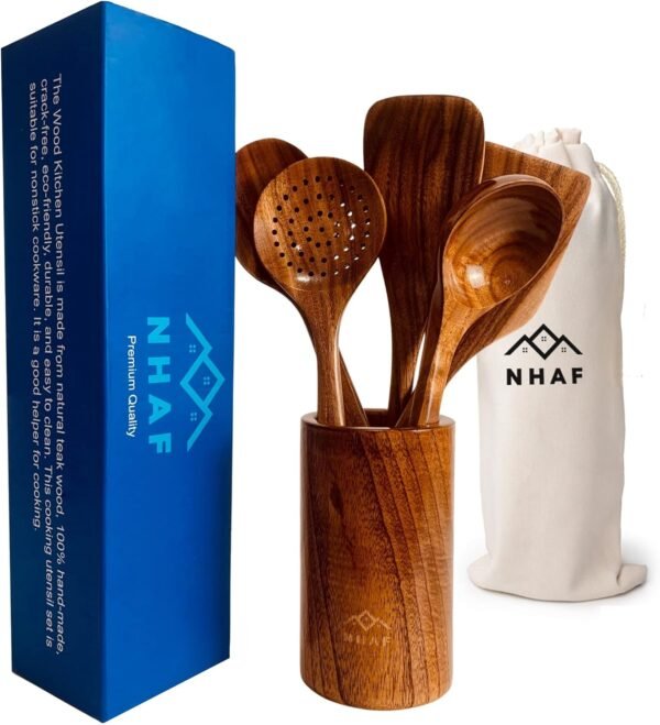 Premium Teak Healthy Spoons, Durable Eco-friendly Spatula, Wooden Utensils for Cooking set with Holder & Canvas Bag, Wooden Cooking Utensils, Cooking Gifts for Mom, Wooden Spoons for Cooking