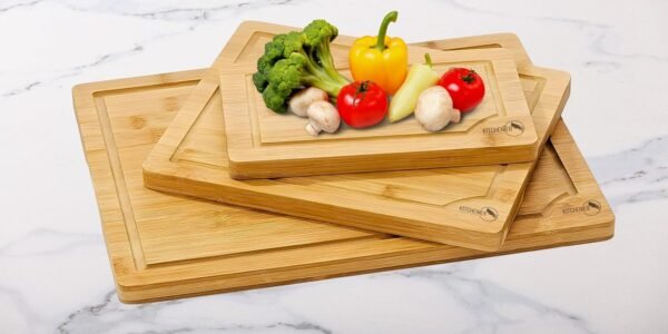 KITCHENIER. Set of 3 Thick Bamboo Cutting Boards for Cooking or Serving, with Juice Groove and Handles. For meats, cheeses and vegetables. Organic material, easy to wash - Image 2