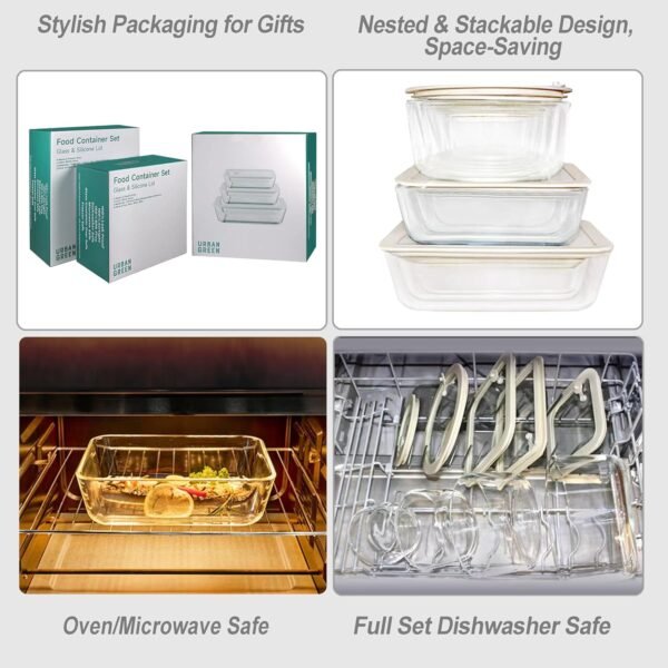 Urban Green Glass Food Container Set with Glass Lid, 3 Pack, Glass Containers with Silicone Framed Glass Lid, Airtight, LeakProof, 100% Plastic Free, Glass Meal Prep Containers (White Color) - Image 4