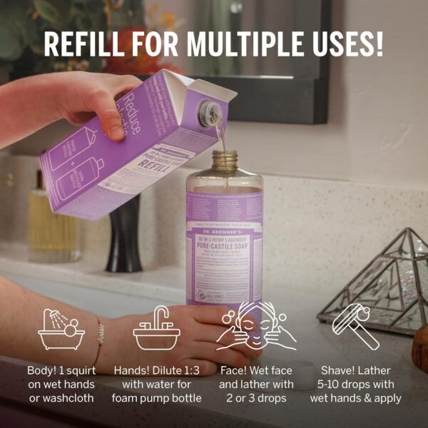 Dr. Bronner's Pure-Castile Liquid Soap Bottle & Refill Carton - Made with Regenerative Organic Certified Oils, 82% Less Plastic-18-in-1 Uses for Face, Body Wash, Hand Soap Refill- Lavender,32oz - Image 3