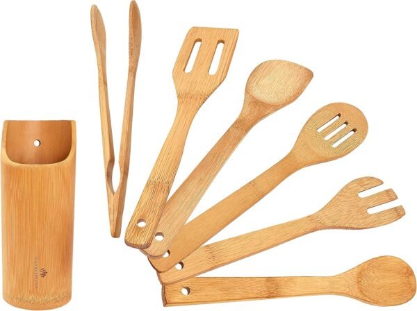 RoyalHouse Wooden Kitchen Utensils Set, 7 Piece Bamboo Cooking Tools and Holder Cooking Spoons and Spatulas, Kitchen Tools, Wood Tool Utensil Sets for Nonstick Pan and Cookware