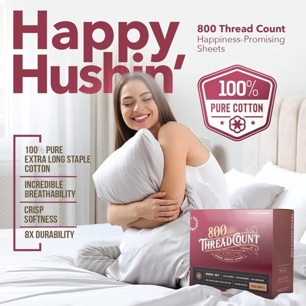 TEXAS LINEN CO. 100% Egyptian Cotton Sheets Queen Size - 800 Thread Count 4 PC White Egyptian Cotton Sheets for Queen Size Bed, Soft Cooling Luxury Hotel Sheets, Deep Pocket Queen Sheets - Image 2