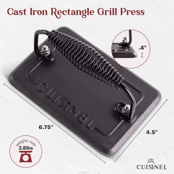 Cuisinel Cast Iron Grill Pan + Rectangular Cast Iron Grill Press + Tempered Glass Lid + Pan Scraper – Pre-Seasoned Ribbed Skillet – 10.5"-Inch Square Grillig Indoor/Outdoor Camping Fire BBQ Cookware - Image 3