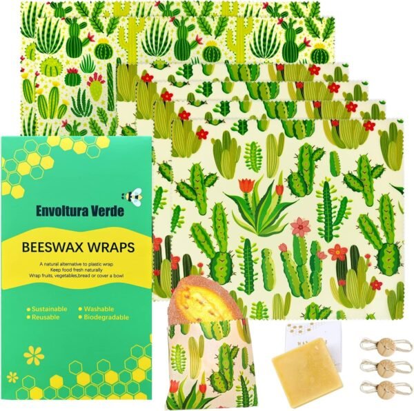Organic Beeswax Food Wraps - Certified Organic Cotton - Plastic & Silicone Free - Biodegradable & Washable - Sustainable Kitchen Food Storage 6 Pack with 3 Sealing String and Wax Blocks