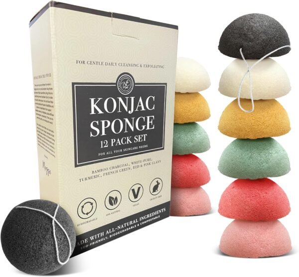 Bare Essentials Living - Konjac Sponges Set (12 Pack) with Activated Bamboo Charcoal Facial Sponge, Natural Sponge, Great for Facial Sponges, Bath Sponge, Beauty Sponge, and Exfoliating Body Sponge