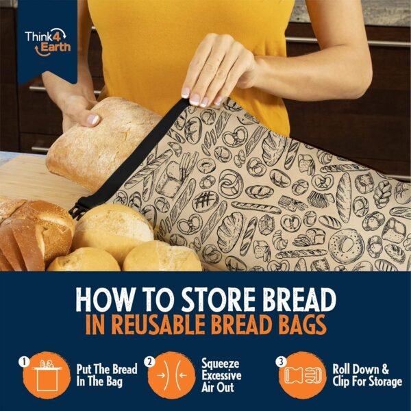 THINK4EARTH® - 2 Packs Bread Bags, Bread Bags for Homemade Bread Loaf, Freezer Bread Storage Bag, Bread Container, Reusable Food Storage Bag, Large Bread Bags for Homemade Bread with Double Lining. - Image 5