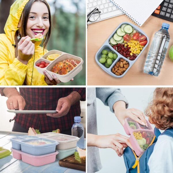 8 Pack Bento Lunch Box Set 3 Compartment Wheat Straw Meal Prep Food Storage Containers Plastic, Microwave and Dishwasher Safe(8 Pack（3 Compartment) - Image 7