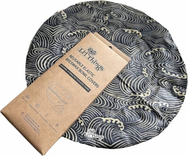 Li'l Things Eco-friendly Beeswax Bowl Covers | Improved Beeswax Coating | Elastic Food Storage Covers | Reusable Lids For Food, Fruits and Leftover | 5 Sizes | 3 Different Themes | Japanese Waves - Image 2