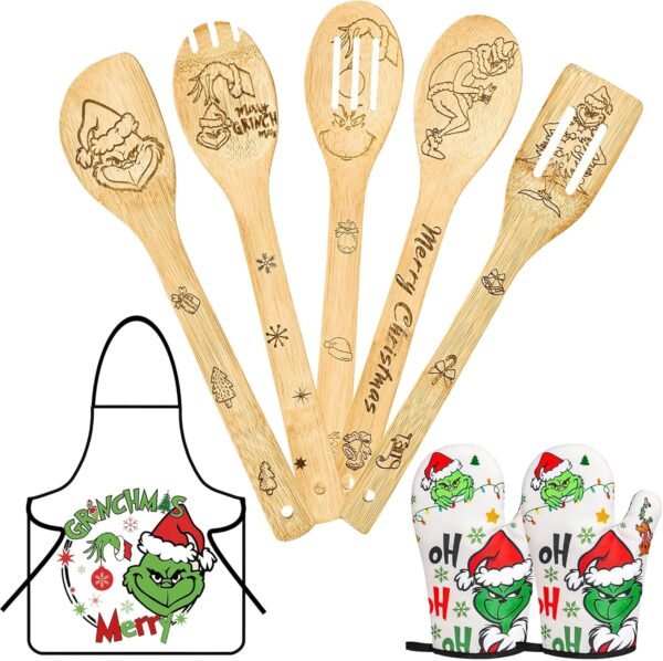 8PCS Bamboo Christmas Kitchen Utensil Set - Green Monster Theme Christmas Gifts for Women Men, Wooden Cooking Spoons, Apron, Oven Mitt Set with Gift Box for Christmas House Warming Wedding Present