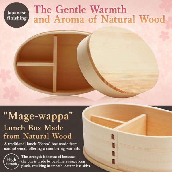 SEIDO Magewappa Lunch Box, Wappa, Japanese Finish, Natural Wood, Wooden Chopsticks, Canvas Lunch Bag, Elastic Band Set, 500mL - Image 2