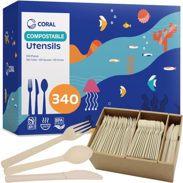 CORAL 100% Compostable Cutlery Set 340 Pieces - Heavy Duty 160 Forks, 120 Spoons, 60 Knives - Break-Resistant with Smooth Edges, Ocean Friendly Alternative to Plastic Utensils - Disposable Silverware
