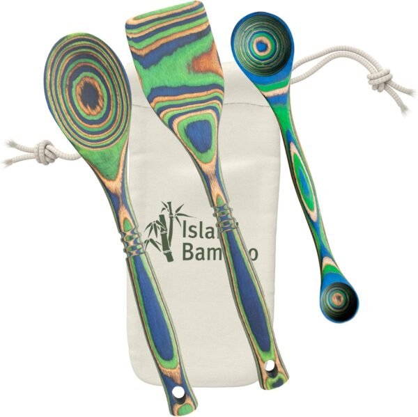 Peacock Pakkawood Baking Set – 3 Piece Kitchen Bakeware Set with Spoon, Spatula, & Double-sided 1 TBS & 1 tsp Measuring Spoon, Eco-friendly Utensils for Housewarming