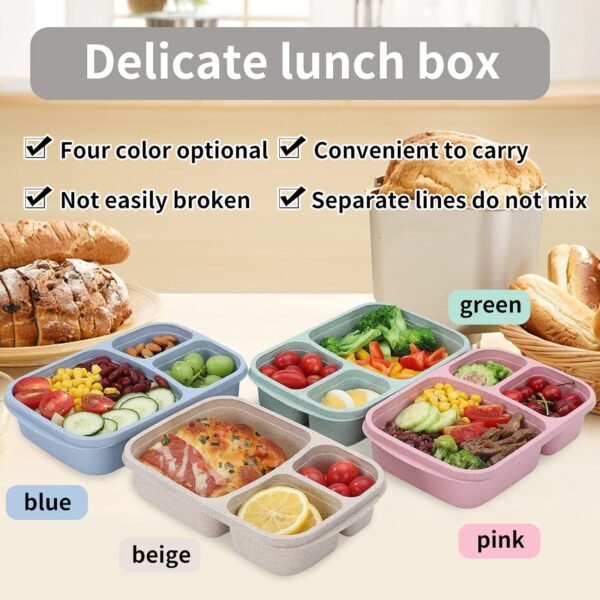 8 Pack Bento Lunch Box Set 3 Compartment Wheat Straw Meal Prep Food Storage Containers Plastic, Microwave and Dishwasher Safe(8 Pack（3 Compartment) - Image 5