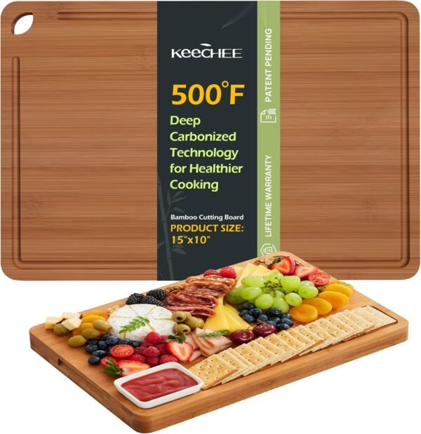 Large Bamboo Cutting Board for Kitchen - 15 Inch Wood L Cutting Boards with Juice Groove and Handles, Wooden Chopping Board for Meat, Cheese, Fruit & Vegetables (Pre Oiled, Brown)