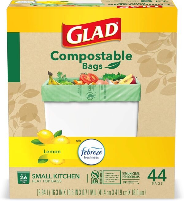 Glad Trash Bags, Kitchen Compost Bags 2.6 Gallon Garbage Bags, 100% Compostable Bag, Febreze Lemon, 44 Count (Package May Vary), Light Yellow - Image 17