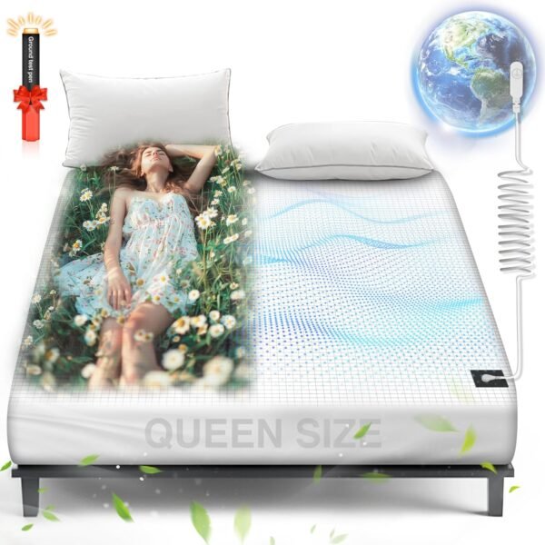 AsmrCap Grounding Sheets Queen, 95% Organic Cotton+ 5% Pure Silver Fiber, Grounded Sheets with Grounding Cord, Bed Grounding Kit for Healthy Sleep Therapy [Queen-60"x 80"x 15" White]
