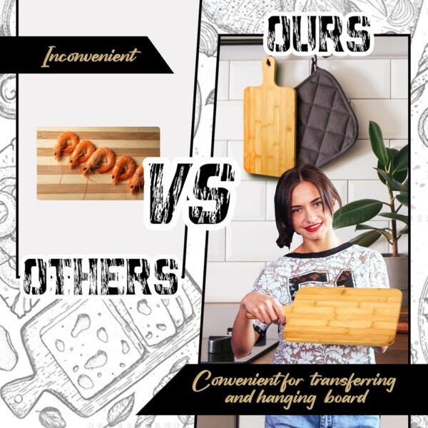 Nuenen 10 Pcs Wood Cutting Board with Handle 15.7 x 7.8 Inch Wooden Serving Board Kitchen Chopping Boards for Pizza, Bread, Cheese, Charcuterie, Fruit, Vegetables (Bamboo) - Image 3