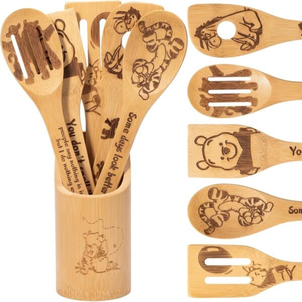6PCS Cartoon Bamboo Wooden Spoon Set for Cooking, Bear Kitchen Accessories, Organic Food Cooking Utensils, Tiger Spatula for Kitchen Decor, Cookware Gifts for Women, Cute Bear Birthday Gifts for Women