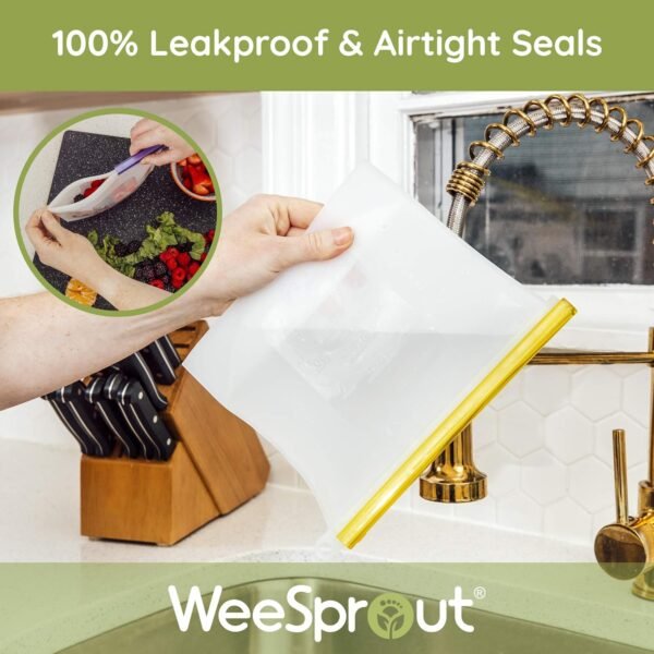 WeeSprout 100% Silicone Reusable Food Storage Bags - Set of 7 Leakproof & Airtight Bags (Four 4 Cup Bags and Three 6 Cup Bags), Freezer, Microwave, & Dishwasher Friendly, for Lunches and Snacks - Image 7