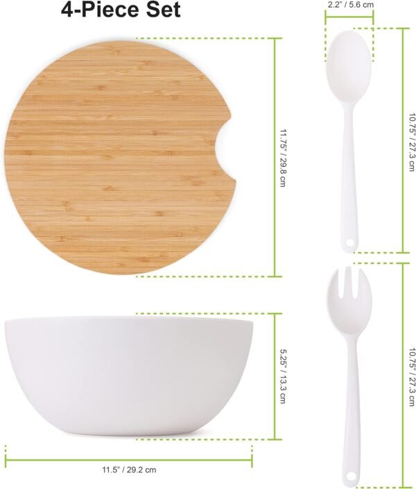 11.5" Extra Large Salad and Serving Bowl with Wooden Lid and Servers - Bamboo Fiber Wood Mixing Bowl Set with Utensils for Fruits, Vegetable Salads, Pasta, Home Decoration & Parties - Natural White - Image 5