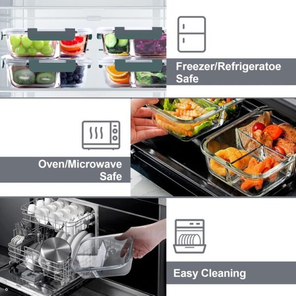VERONES 5 Pack Glass Meal Prep Containers 3 Compartment Set, 36OZ Airtight Glass Lunch Containers, Glass Food Storage Containers with Lids, for Microwave, Oven, Freezer & Dishwasher Friendly,Grey - Image 3