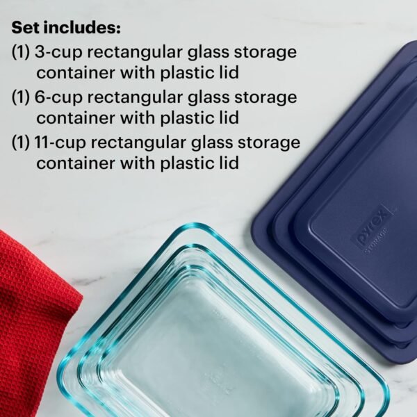 Pyrex Simply Store 3-Pack (3, 6 & 11 Cup) Large Rectangular Glass Food Storage Containers Set, Snug Fit Non-Toxic Plastic BPA-Free Lids, Freezer Dishwasher Microwave Safe - Image 2