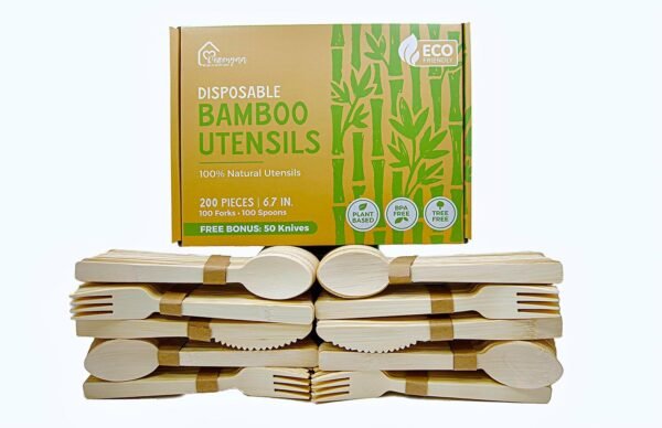Disposable Bamboo Utensils, 200 Count PLUS BONUS 50 Knives [100 Spoon 100 Fork 50 knives] - Real Bamboo Eco-Friendly Compostable Cutlery