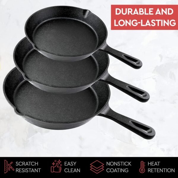 Cast Iron Skillet 3-Piece Set - Heavy-Duty Professional Restaurant Chef Quality Pre-Seasoned Pan Cookware Set - 10", 8", 6" Pans - For Frying, Saute, Cooking, Pizza & More,Black - Image 2