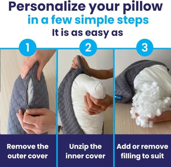 Sidney Sleep Bed Pillow for Side and Back Sleepers - Adjustable Filling - Memory Foam Pillow for Neck and Shoulder Pain - Customizable Loft - Queen Size - Additional Foam Bag Included (Grey) - Image 2