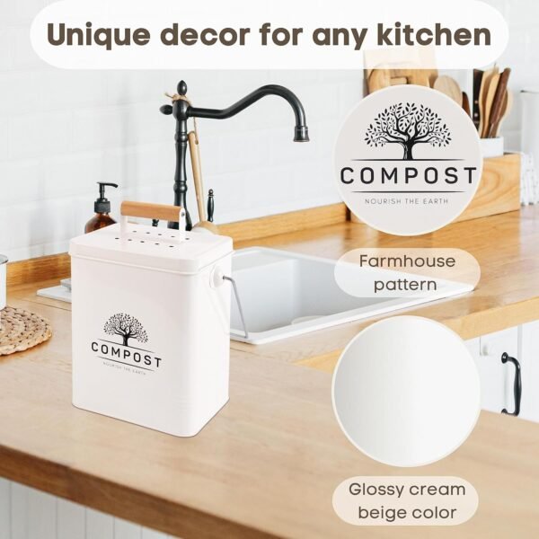 Perfnique Kitchen Compost Bin, 1.7 Gallon Countertop Compost Bin with Lid, Indoor Compost Bin Includes 2 Carbon Filters, Small Compost Bucket, Food Waste Bin for Kitchen with Trash Bags (Cream White) - Image 4