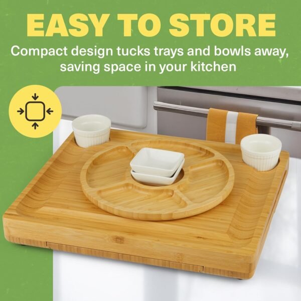 Dynamic Gear Charcuterie Boards with Drawers - Expandable Bamboo Cheese Board Set with Stainless Steel Utensils, Ceramic Bowls, Serving Trays, Utensil Drawer, and Appetizer Tray - 4 Hidden Drawers - Image 7