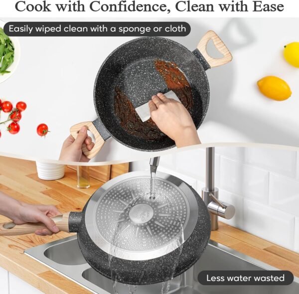 12 Pcs Pots and Pans Set Non Stick Kitchen Cookware Sets Nonstick Induction Cookware Black Granite Cooking Set with Frying Pans, Saucepans, Steamer Silicone Shovel Spoon & Tongs (NO PFOS, PFOA) - Image 6