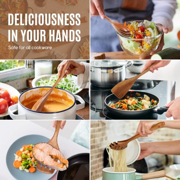 5 PCS Wooden Spoons for Cooking Natural Teak Kitchen Utensils Smooth Non-Stick Surface Cooking Utensils Set Soft Comfort-Grip Wooden Utensils for Cooking - Image 6