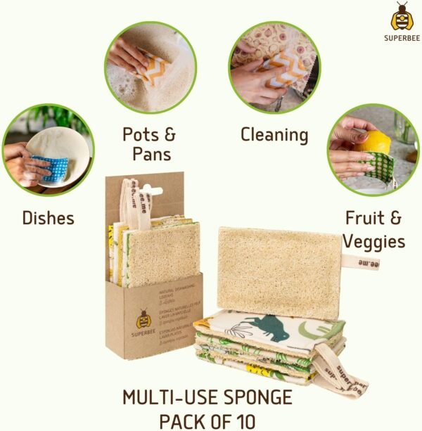 SUPERBEE Natural Kitchen Sponges 10 Pack - Plant-Based Biodegradable Loofah Dish Sponge - Eco-Friendly, Zero-Odor, Cleaning Dirty Dishes, pots, and Pans, Cleaning - Plastic-Free Sponge - Image 5