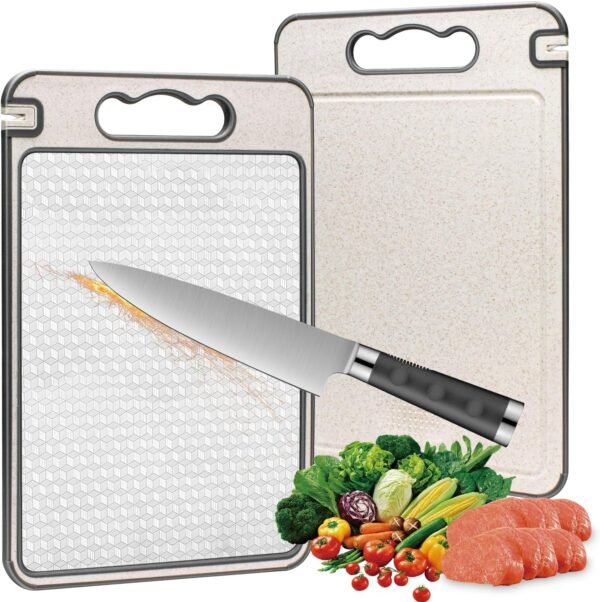 Stainless Steel Cutting Board, Double Sided Chopping Board for Kitchen, Food-Grade, 304 Stainless Steel and Wheat Straw PP, Scratch-resistant Mesh Design, Juice Groove, Dishwasher Safe, Easy to Clean