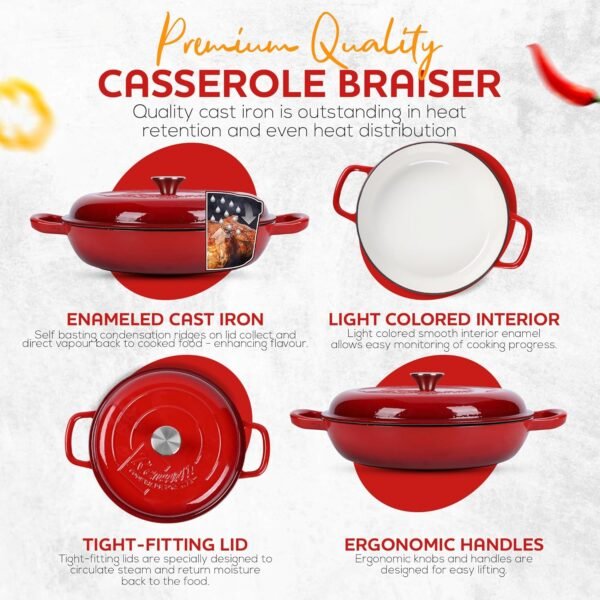 3.5 Qt Enameled Cast Iron Braiser Pan with Lid - With Customizable Knobs & Silicone Heat Grippers - Dutch Oven Cast Iron for Stir Fry & Baking - Braising Pan with Lid Oven Safe Upto 500F - Image 3