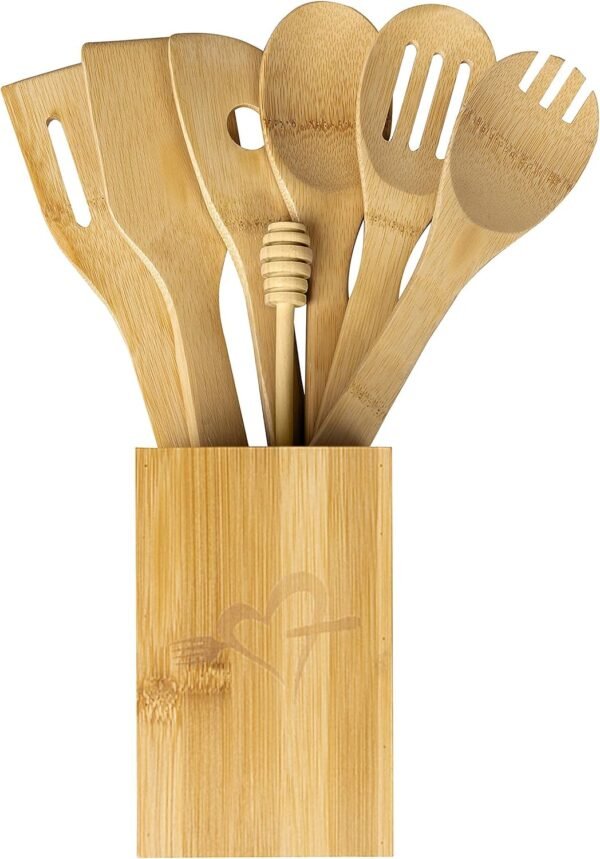 IGA Organic Bamboo Cooking Utensils Set Spoons, Spatulas With Holder For High Heat Resistant In Nonstick Pots, Pans & Cast Irons Skillets (8-Piece Set) Great Gift Idea For Everyday Use