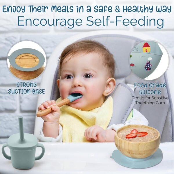 TEAMKO® Silicone Baby Feeding Set: Bamboo Baby Plate and Bowl, Bib, Utensils, Cup & Placemat - Bamboo Kids Plates - Ideal for Baby Led Weaning + Nutritional Guide - Image 2