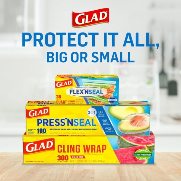Glad Press'N Seal Plastic Food Wrap, 100 Square Foot Roll, Pack of 3, (Package May Vary) - Image 5